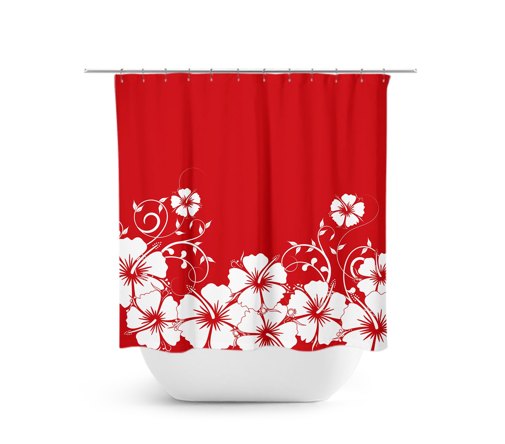 Hibiscus Floral Red Shower Curtain, Fabric Bath Curtain for Girls Bathroom in Vintage Red Bathroom Theme