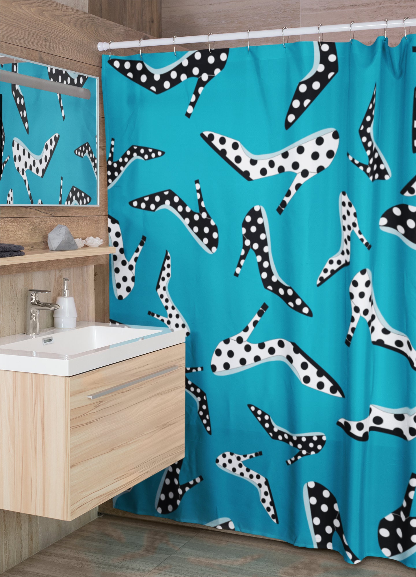 High Heel Shoes Shower Curtain, Polka Dot Bathroom Accessories, Fest Housewarming Present for New Home