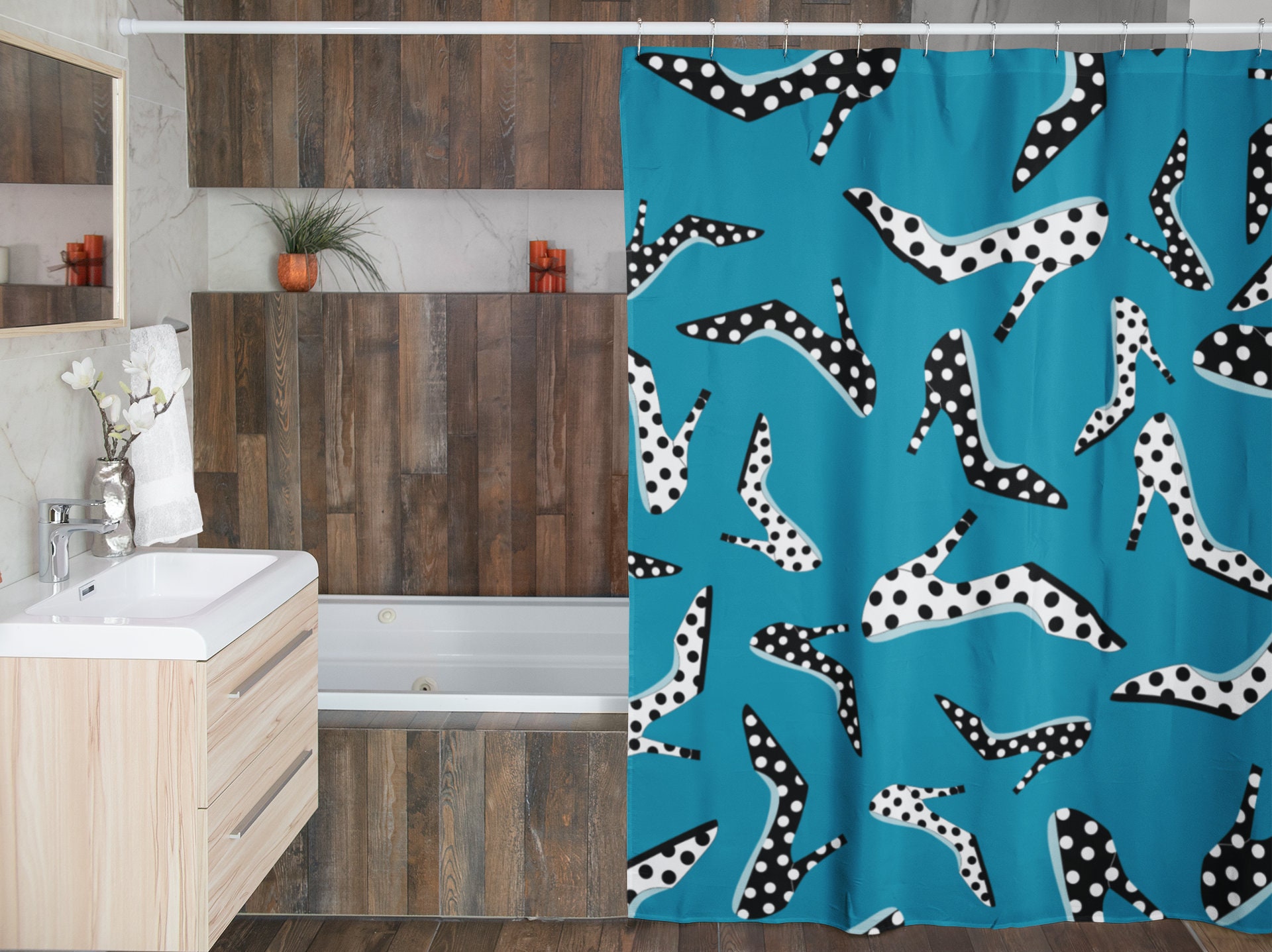 High Heel Shoes Shower Curtain, Polka Dot Bathroom Accessories, Fest Housewarming Present for New Home - Image 4