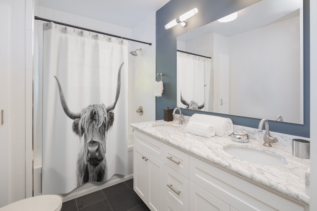 Highland Cow Shower Curtain | Animal Lover, Black and White Shower Curtain, Nature Shower Curtain - Image 2