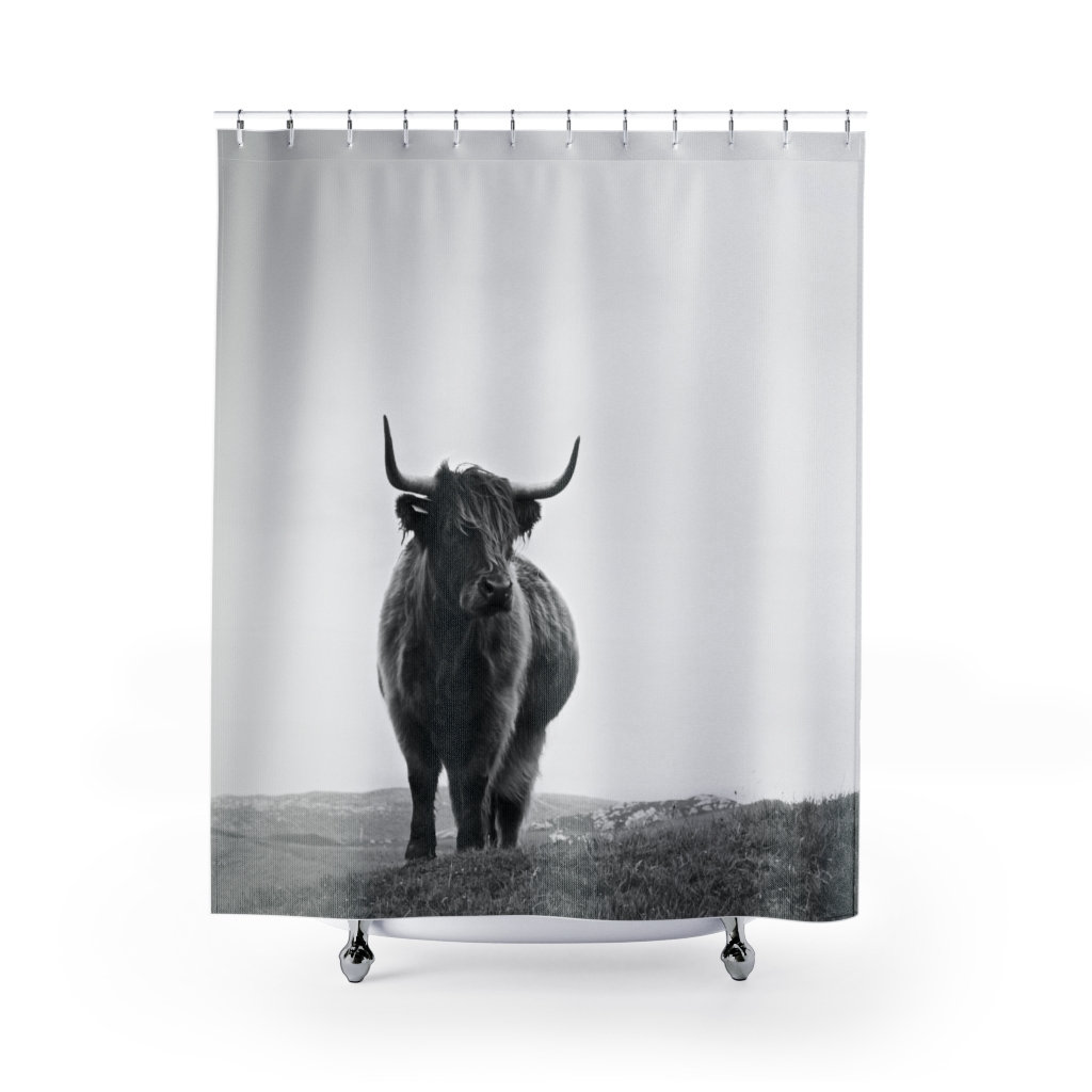 Highland Cow Shower Curtain | Black and White Animal Silhouette, Cattle Curtain, Photographic Curtain, Farm Barn Curtain