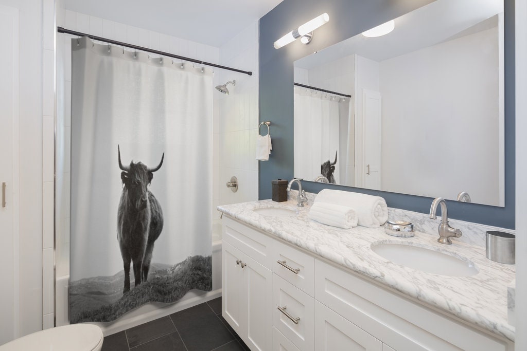 Highland Cow Shower Curtain | Black and White Animal Silhouette, Cattle Curtain, Photographic Curtain, Farm Barn Curtain - Image 2