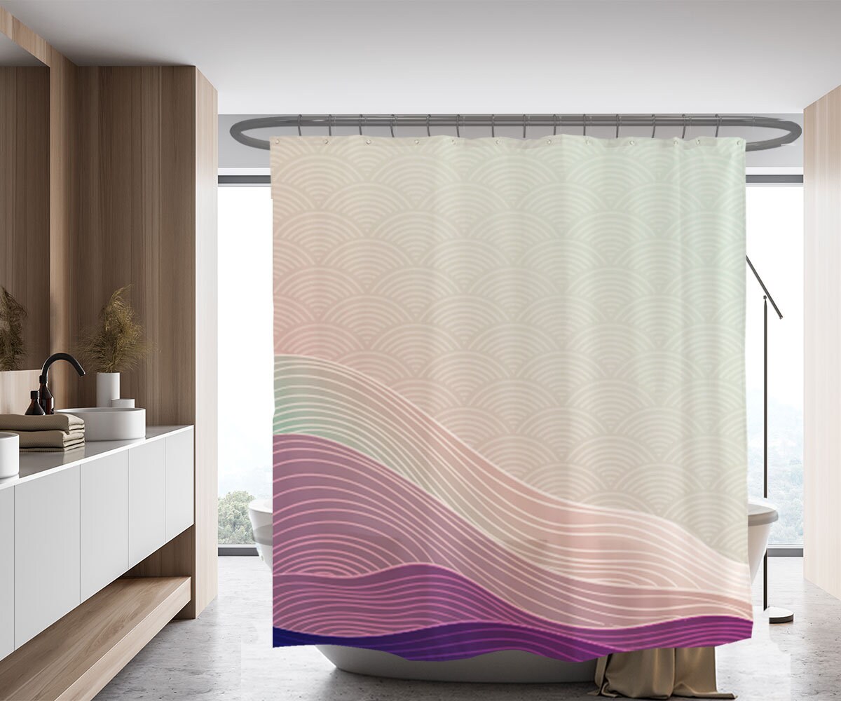 Hill Mountain Curve Lineart Purple Wave Shower Curtain | Customized Sizes + Quotes - Image 2