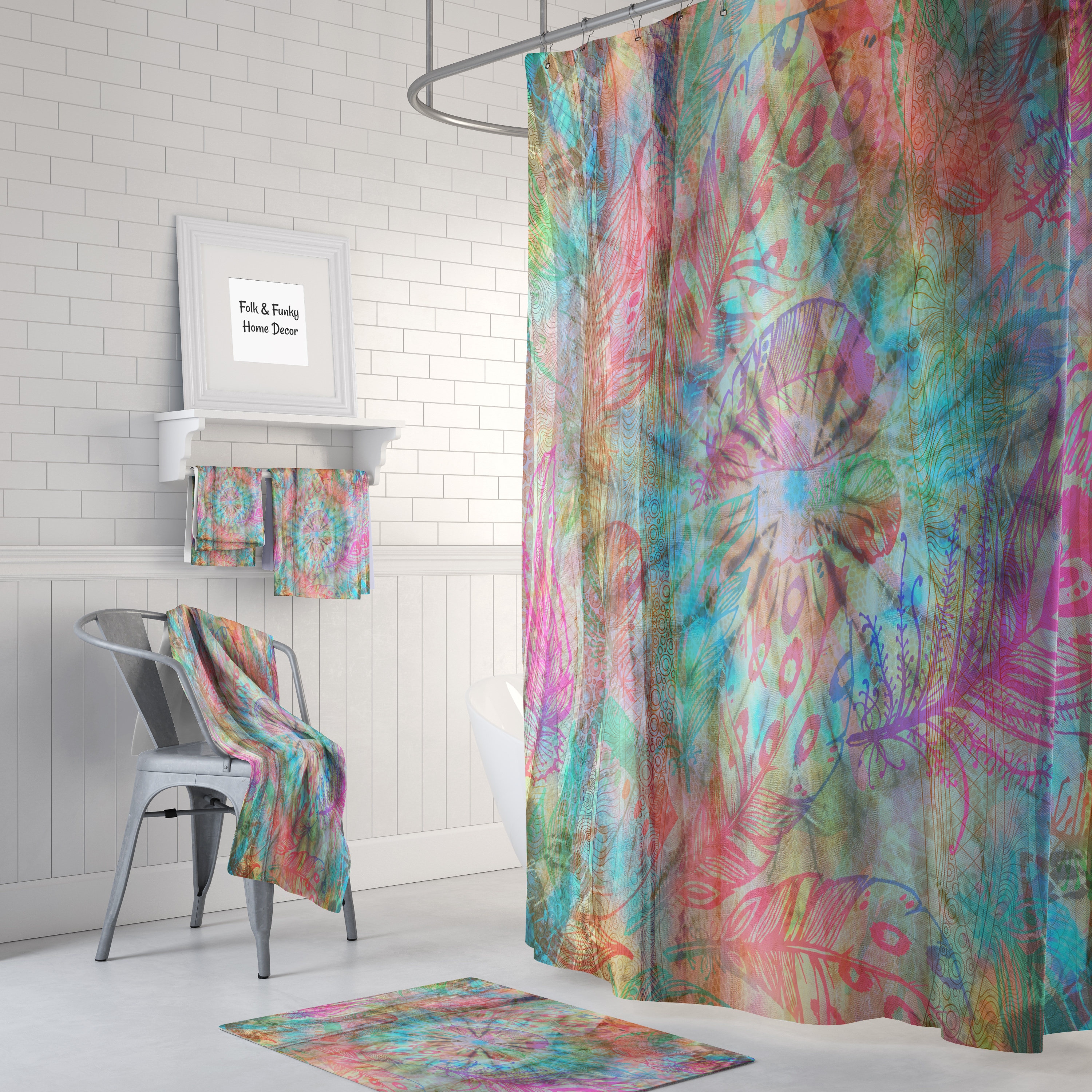 Hippie Boho Shower Curtain with Blowing Feathers Design for Boho Bathroom Decor