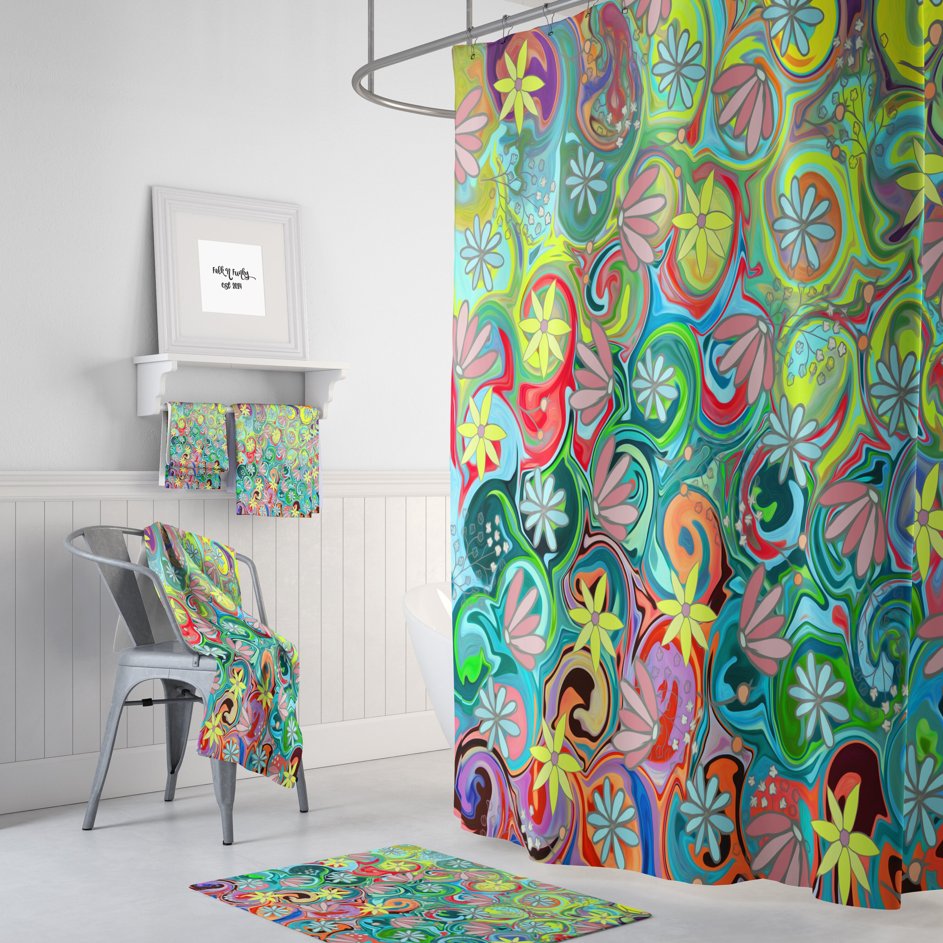 Hippie Chic Floral Shower Curtain - Bohemian Bath Curtain Colorful Accents for Groovy Bathroom Decor