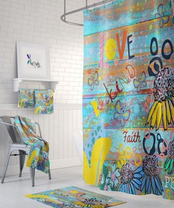 Hippie Graffiti Shower Curtain with Be Kind message and FolkNFunky Bathroom Decor