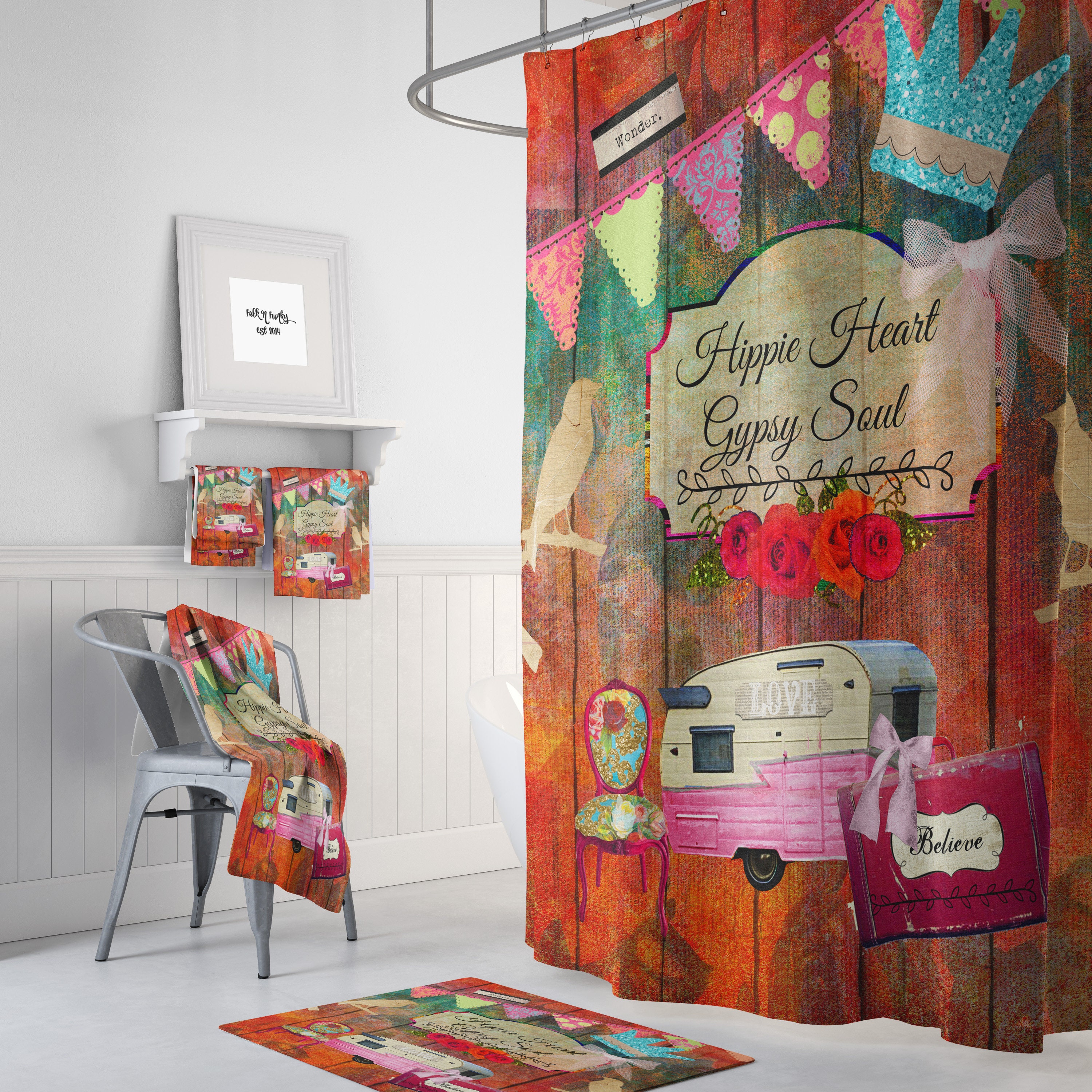 Hippie Heart Shower Curtain, Bohemian Bath Decor, Artistic Bathroom Curtain