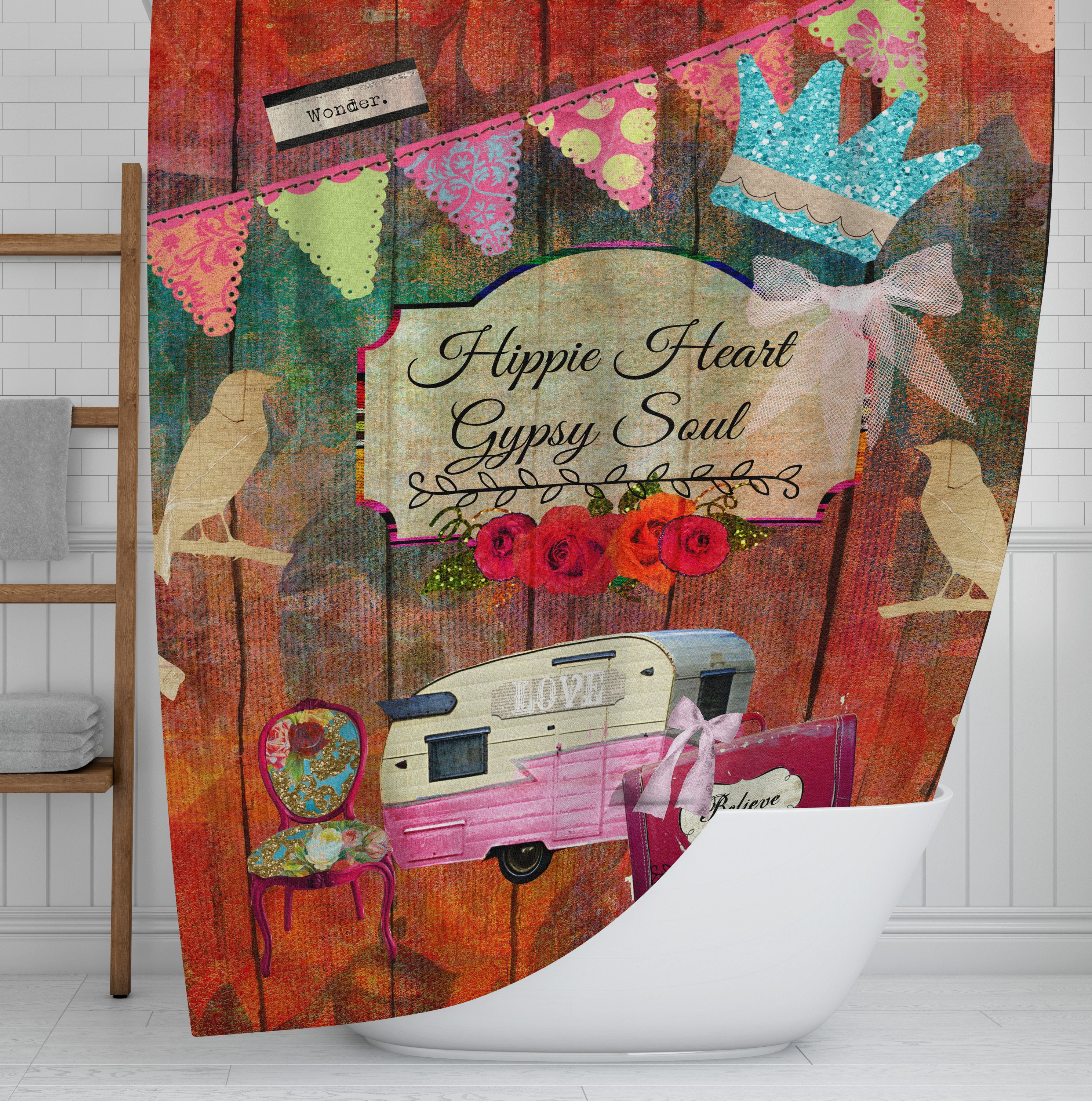 Hippie Heart Shower Curtain, Bohemian Bath Decor, Artistic Bathroom Curtain - Image 2