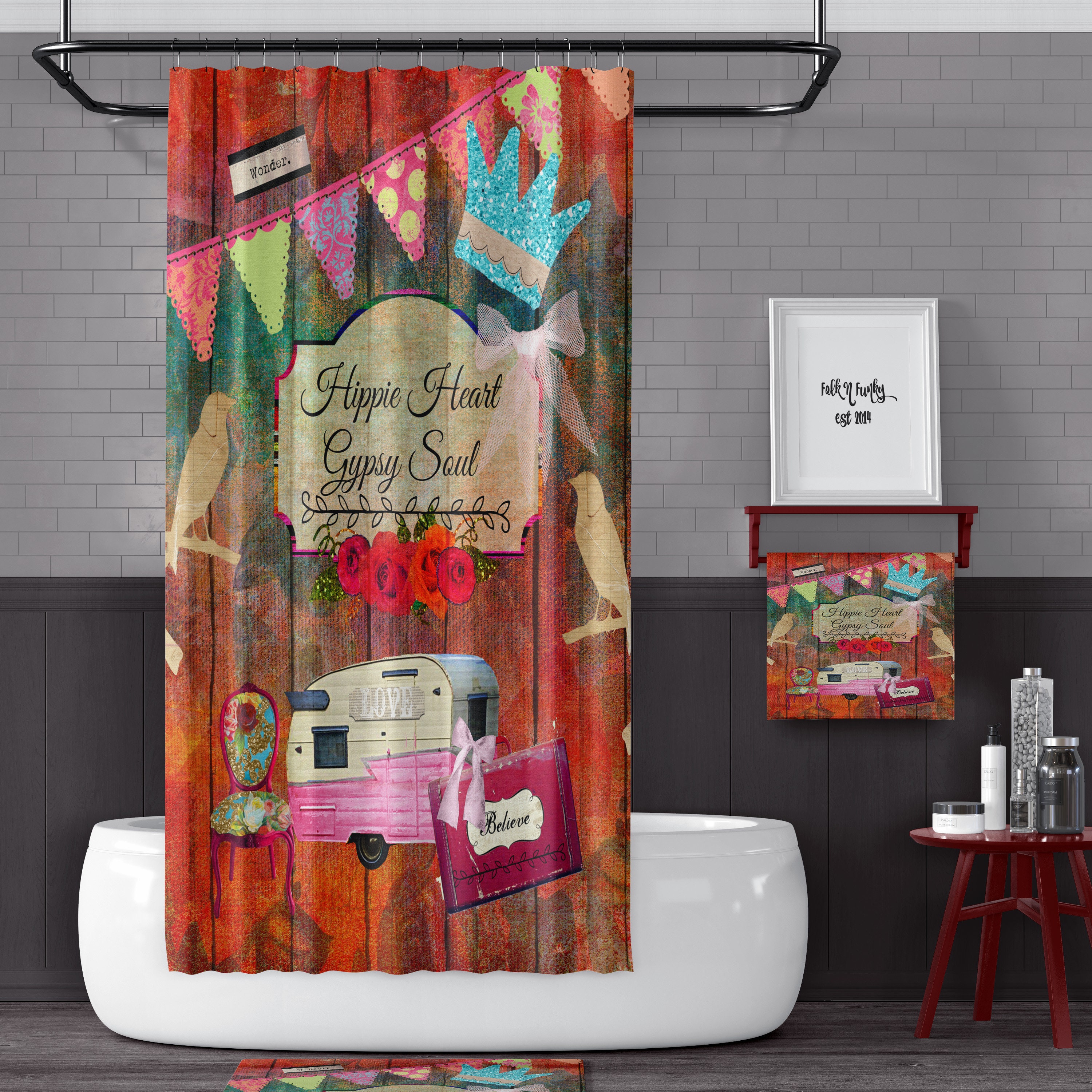 Hippie Heart Shower Curtain, Bohemian Bath Decor, Artistic Bathroom Curtain - Image 3