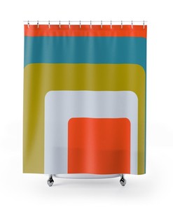 Hipster 70's Mid Century Modern Retro Shower Curtain in Green, Orange, White, and Teal Blue with Groovy Style