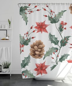 Holiday Berry Cones Floral Shower Bath Curtain - Watercolor Berry Cones Curtain
