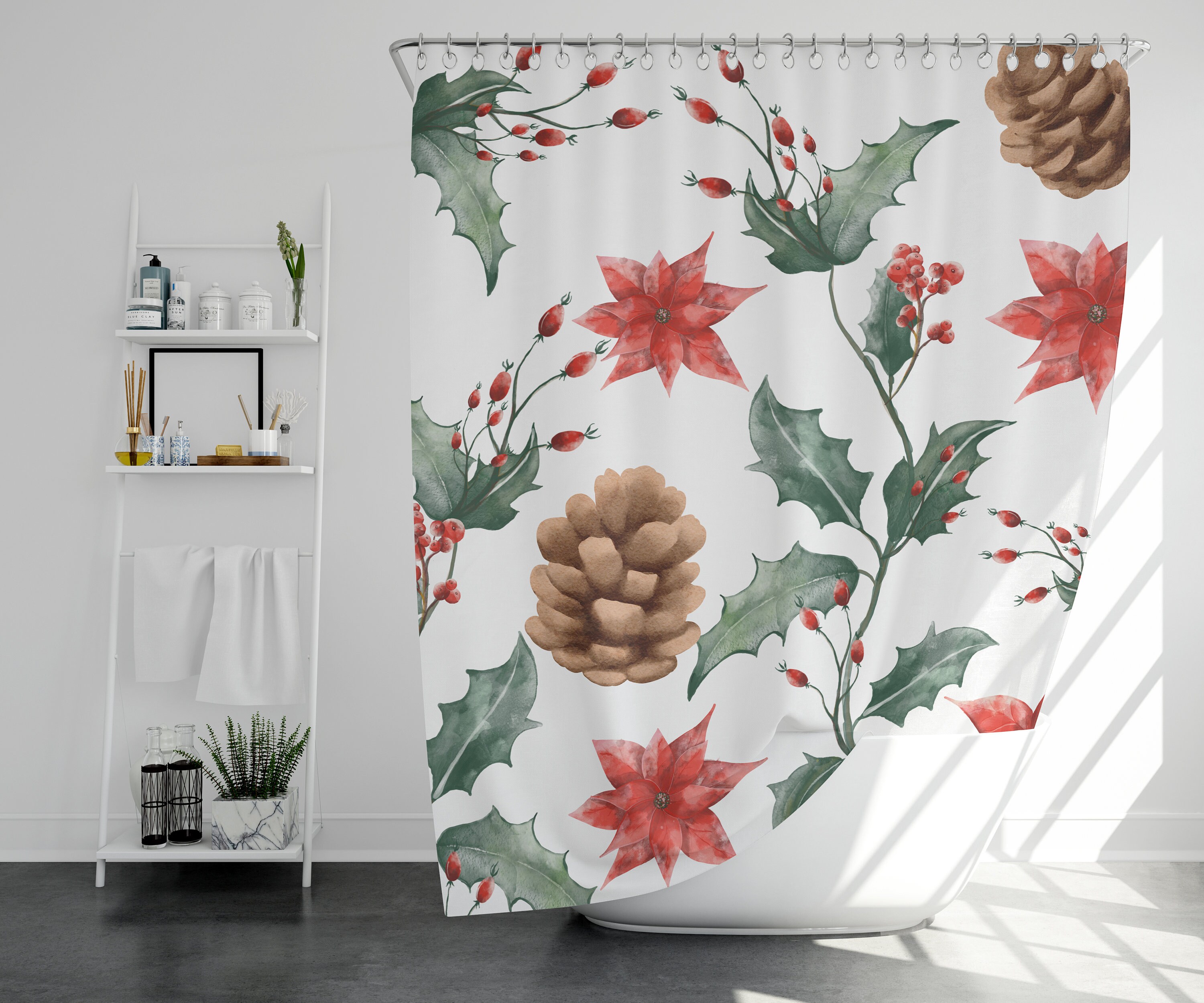 Holiday Berry Cones Floral Shower Bath Curtain - Watercolor Berry Cones Curtain