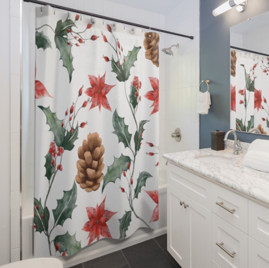 Holiday Berry Cones Floral Shower Bath Curtain - Watercolor Berry Cones Curtain - Image 2