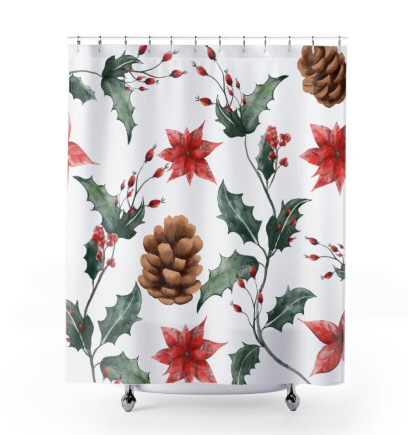Holiday Berry Cones Floral Shower Bath Curtain - Watercolor Berry Cones Curtain - Image 3