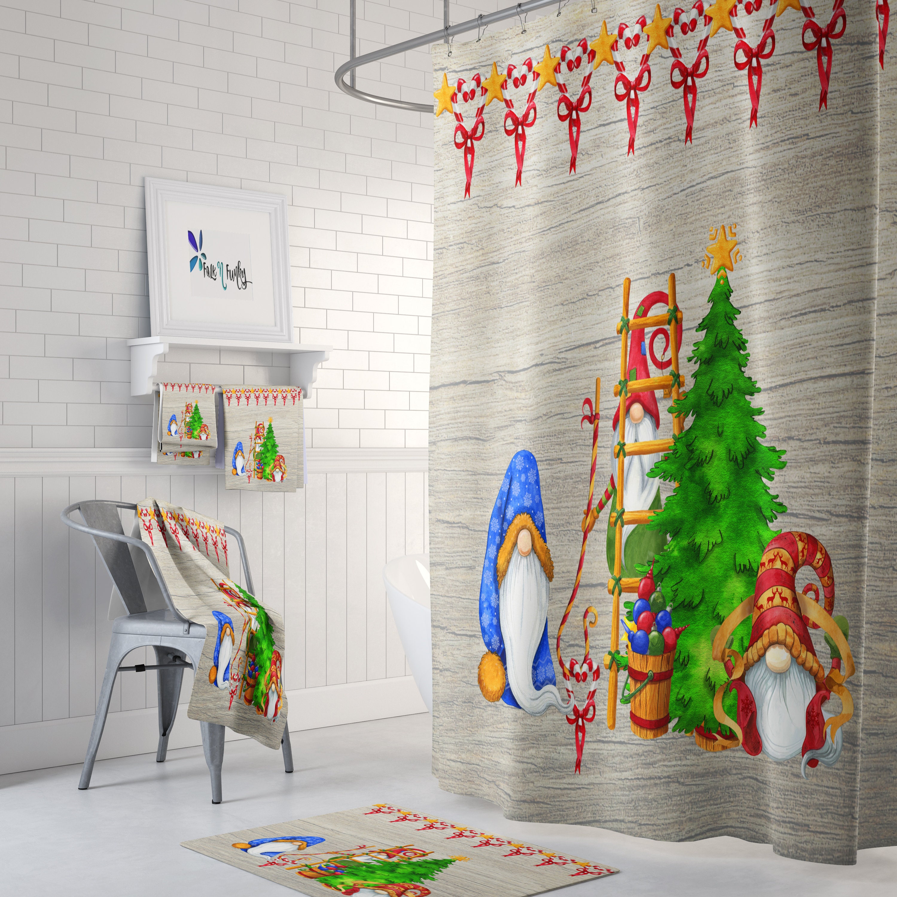 Holiday Gnome Elves Christmas Shower Curtain for Kids Bathroom