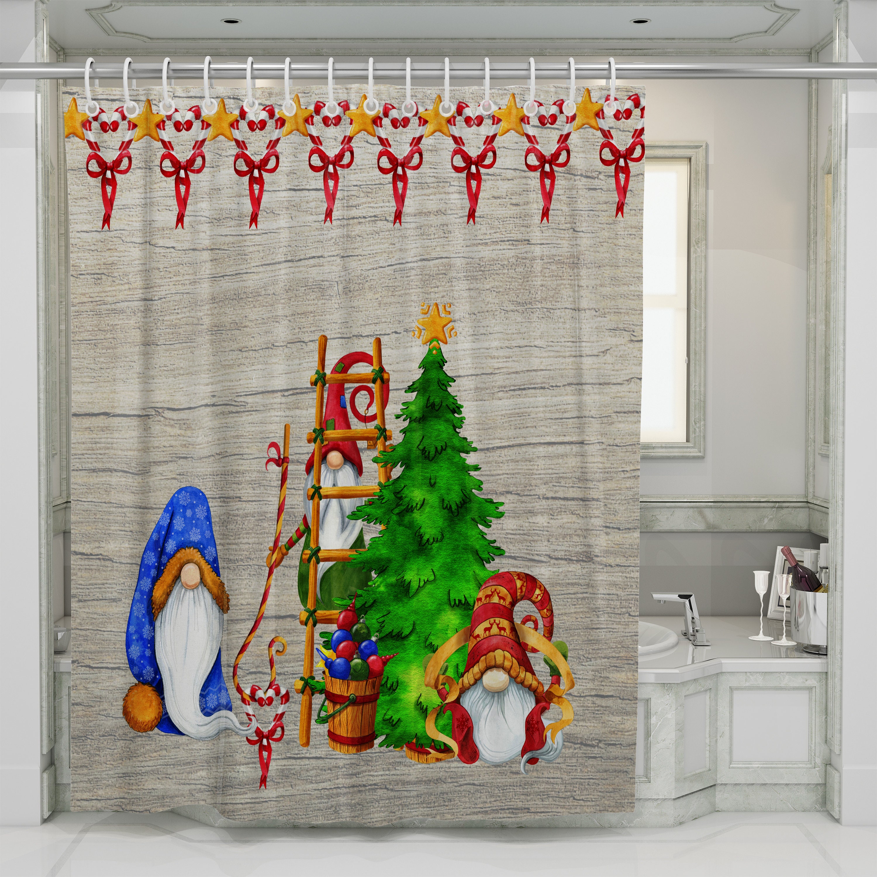 Holiday Gnome Elves Christmas Shower Curtain for Kids Bathroom - Image 2