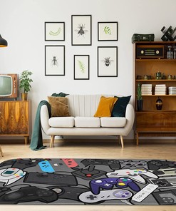 Home Area Gamer Rug with Game Controller Design - Velvet Carpet for Living Bed or Playrooms