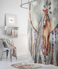 Horse Shower Curtain, Boho Southwest, Gray Watercolor , Optional Bath Mat , Bath Towels with Travel Shower Curtain Print