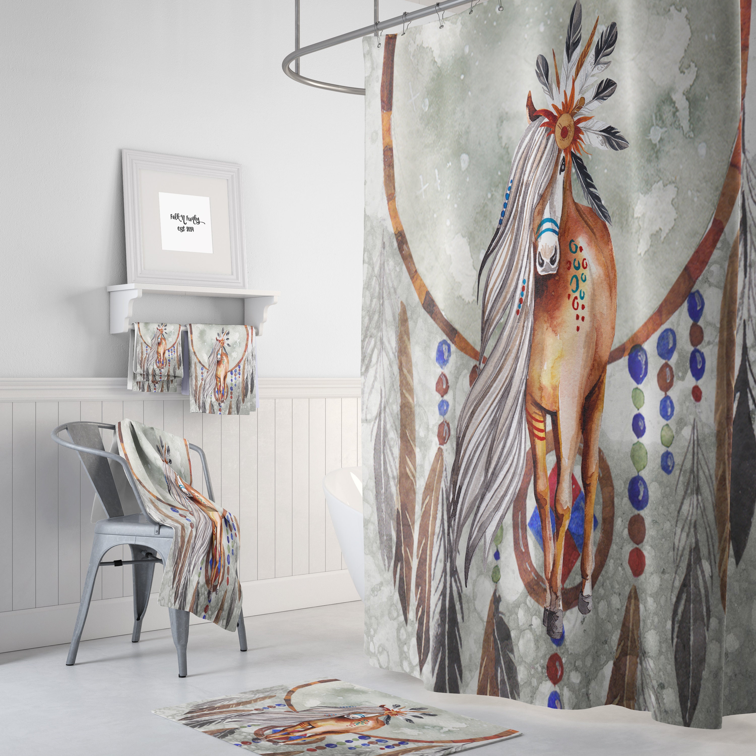 Horse Shower Curtain, Boho Southwest, Gray Watercolor , Optional Bath Mat , Bath Towels with Travel Shower Curtain Print