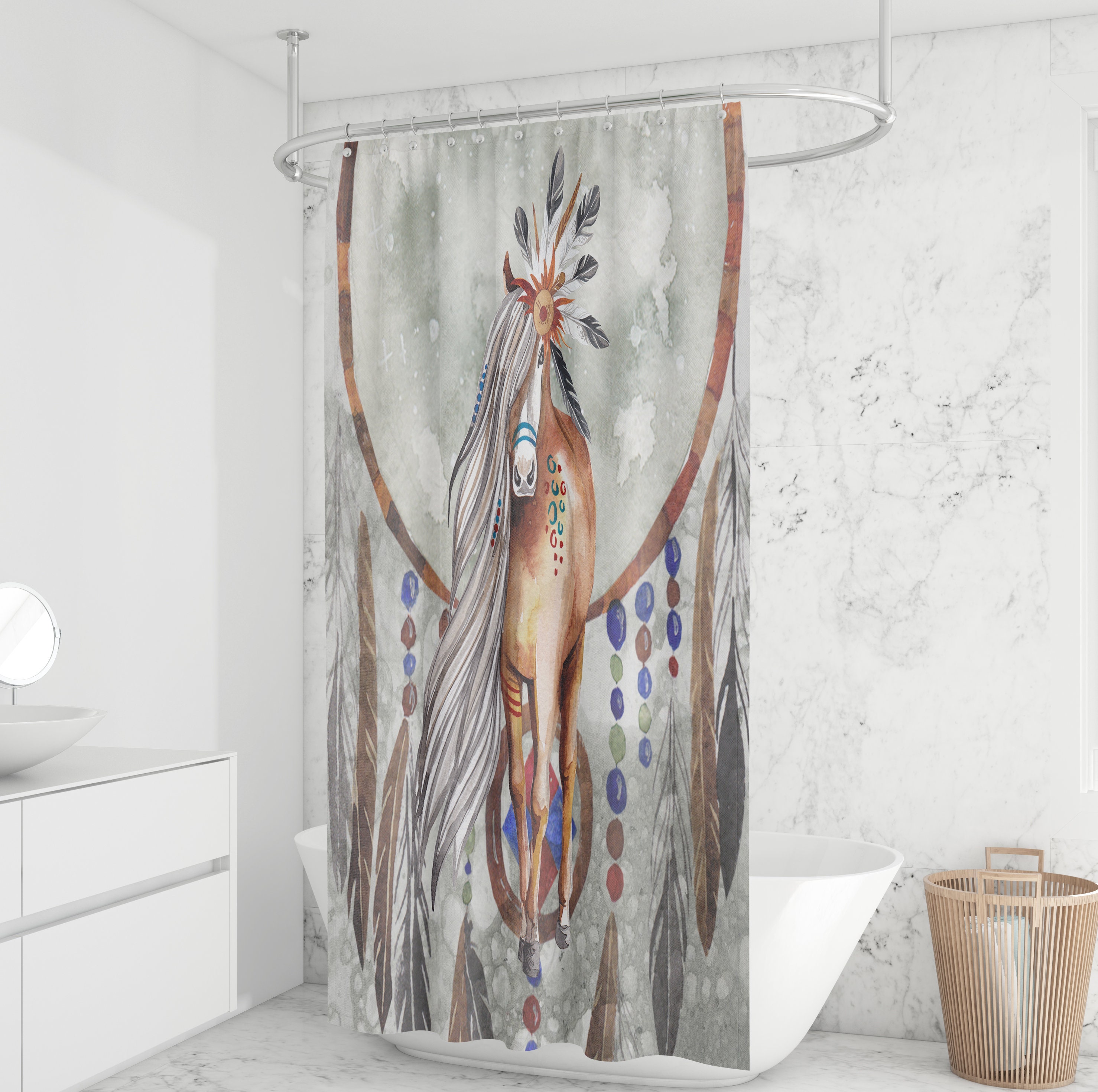 Horse Shower Curtain, Boho Southwest, Gray Watercolor , Optional Bath Mat , Bath Towels with Travel Shower Curtain Print - Image 2