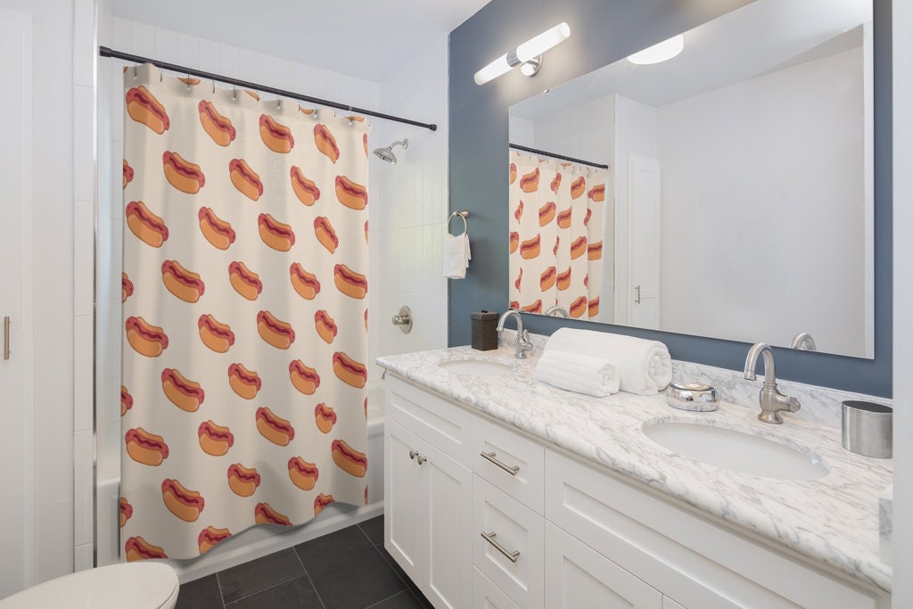 Hot Diggy Dog Hot Dogs Shower Curtain | Modern Tile Pattern Bathroom Decor | Luxury Shower Curtains - Image 2