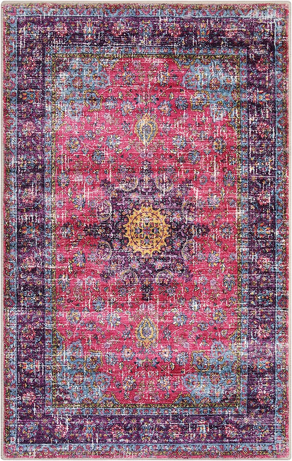Hot Pink Oriental Medallion Area Rug for Girls' Bedroom or Living Room - Non-Slip and Washable Carpet