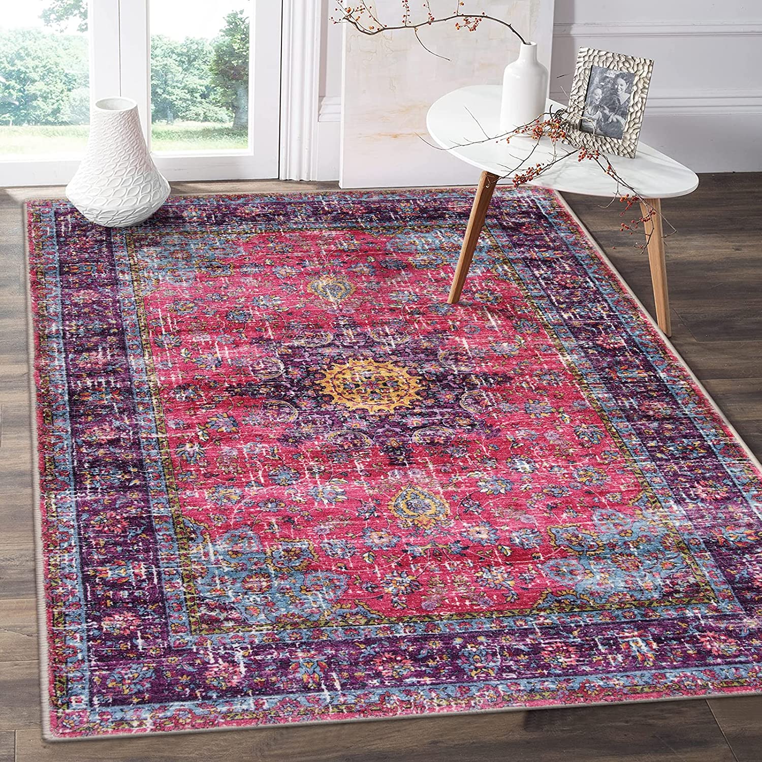 Hot Pink Oriental Medallion Area Rug for Girls' Bedroom or Living Room - Non-Slip and Washable Carpet - Image 2