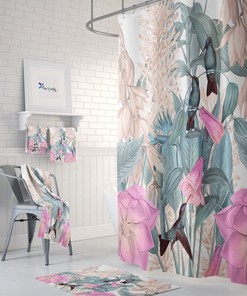 Hummingbird and Floral Shower Curtain - Nature-Inspired Bath Curtain with Matching Towels Bathroom Decor