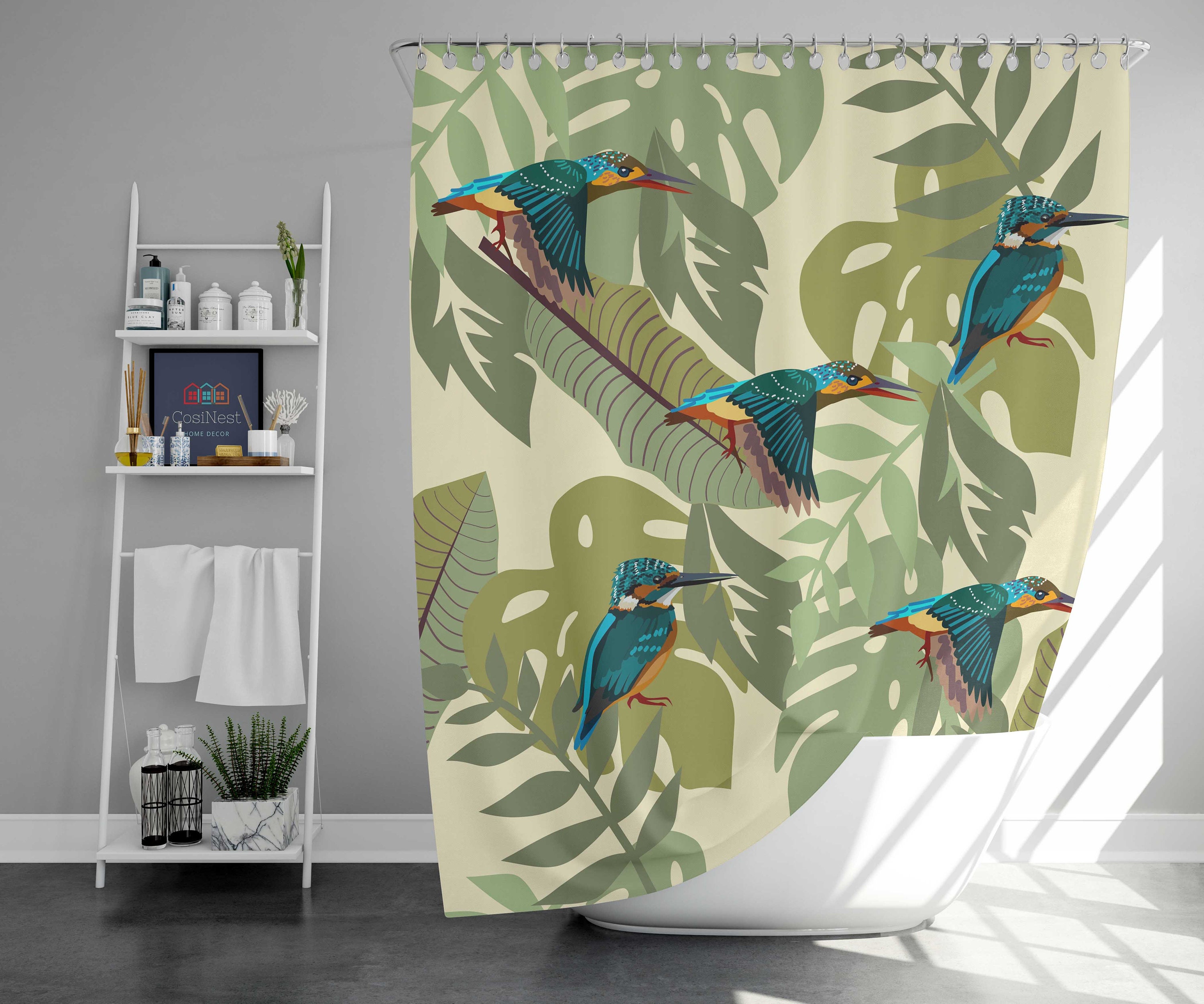 Hummingbird and Monstera Shower Curtain | Botanical Tropical Birds and Leaves, Blue Bathroom Curtain