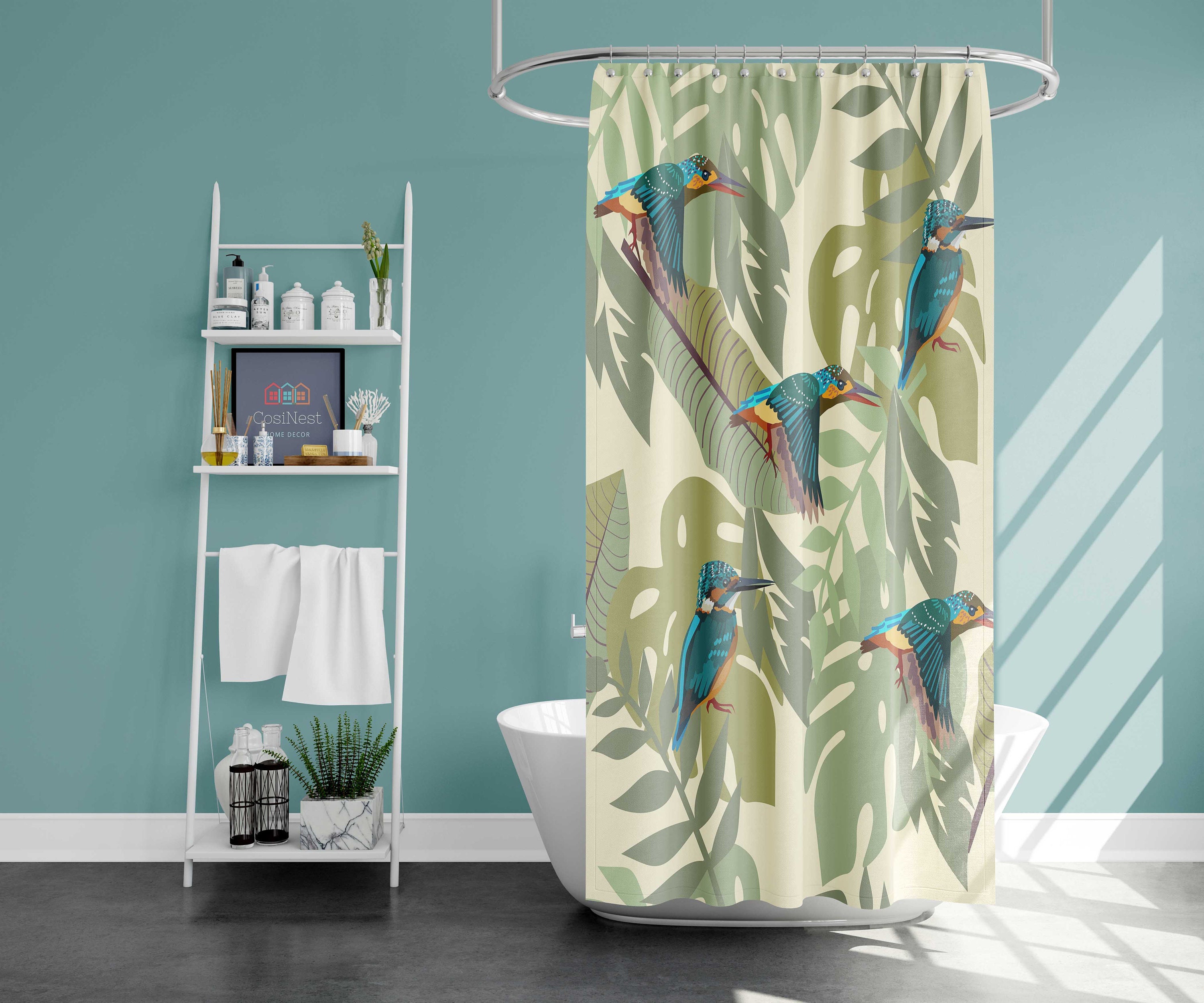 Hummingbird and Monstera Shower Curtain | Botanical Tropical Birds and Leaves, Blue Bathroom Curtain - Image 2