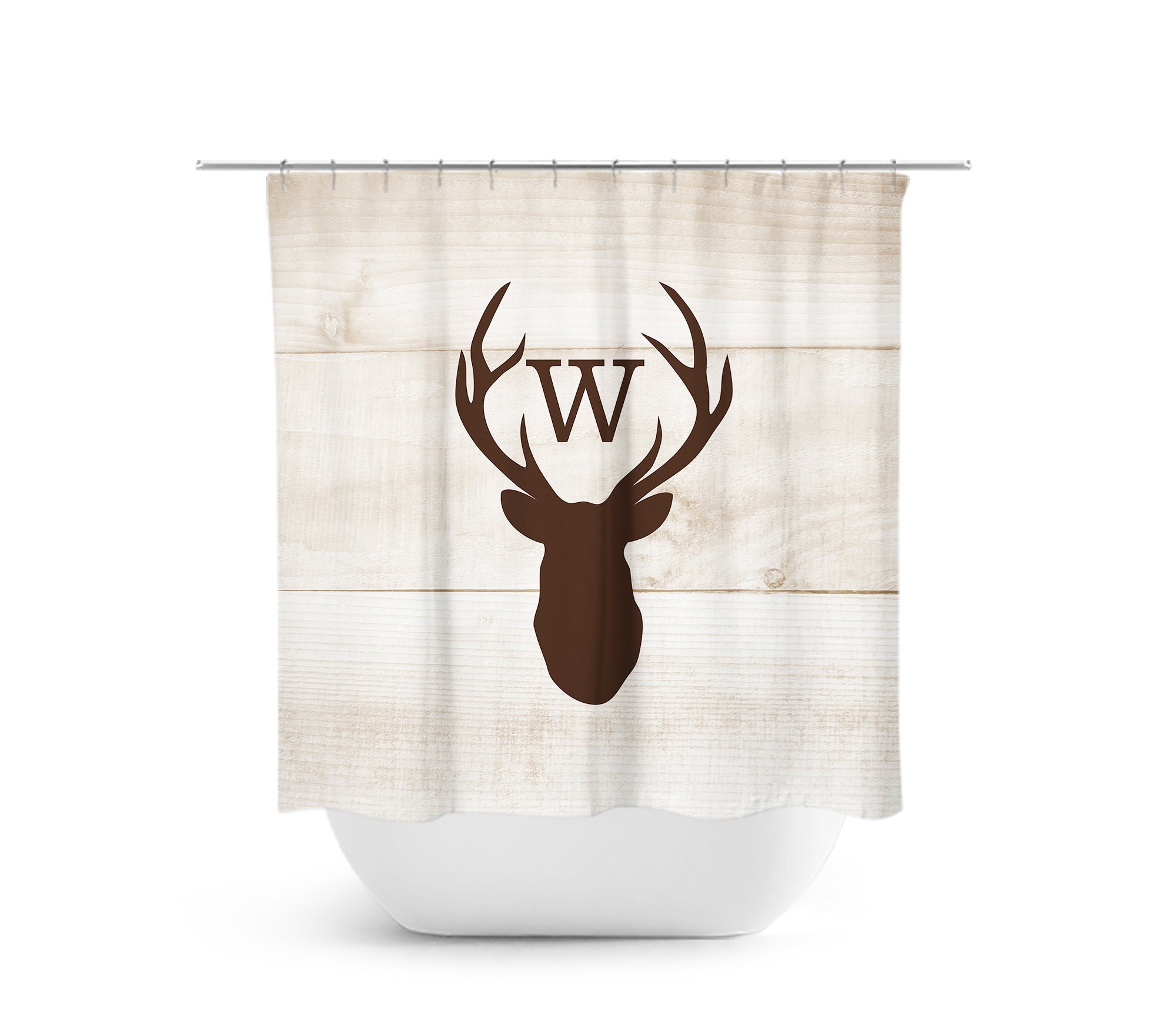 Hunting Lodge Monogram Shower Curtain, Deer Head Antler Bathtub Curtain, Brown Rustic Shower - SHOWER48