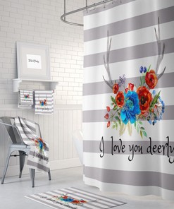 I Love You Deerly Boho Shower Curtain with Floral Deer Antlers Design and Optional Bath Mat and Towels