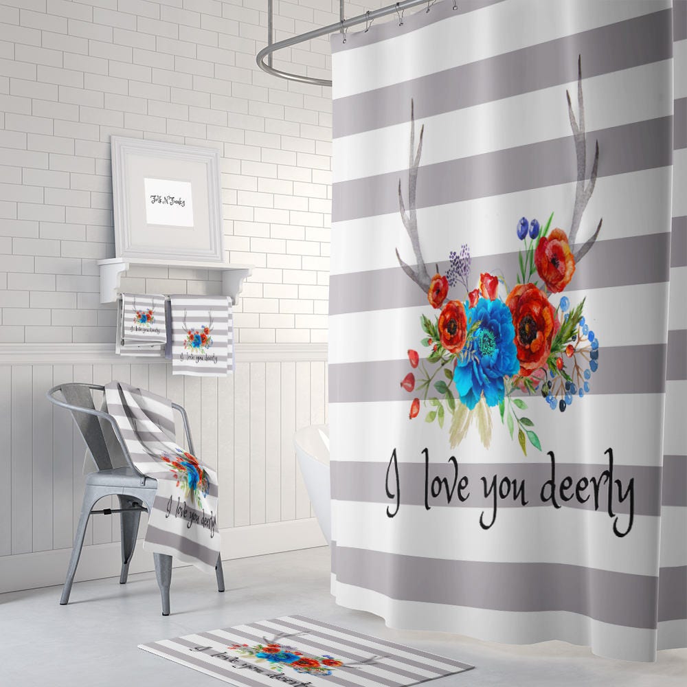 I Love You Deerly Boho Shower Curtain with Floral Deer Antlers Design and Optional Bath Mat and Towels