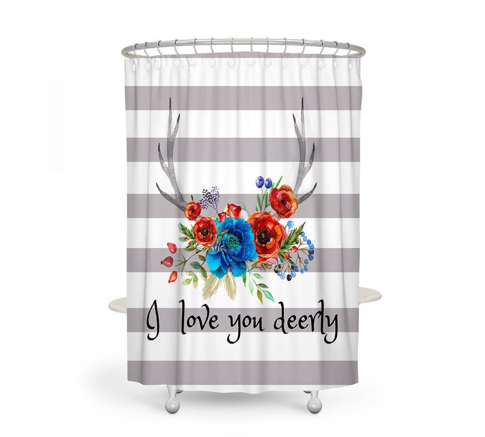 I Love You Deerly Boho Shower Curtain with Floral Deer Antlers Design and Optional Bath Mat and Towels - Image 2