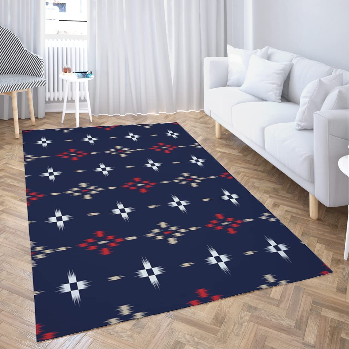 Ikat Tribal Pattern Navy Abstract Design Twill Art Texture Print Non-Slip Area Rug - Image 2