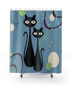 Indigo Blue Atomic Retro Black Cat Mid Century Modern Shower Curtain for a Hipster Bathroom