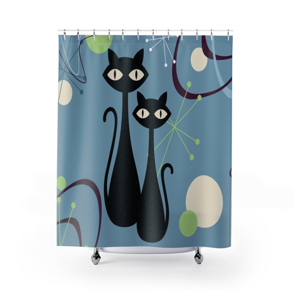 Indigo Blue Atomic Retro Black Cat Mid Century Modern Shower Curtain for a Hipster Bathroom