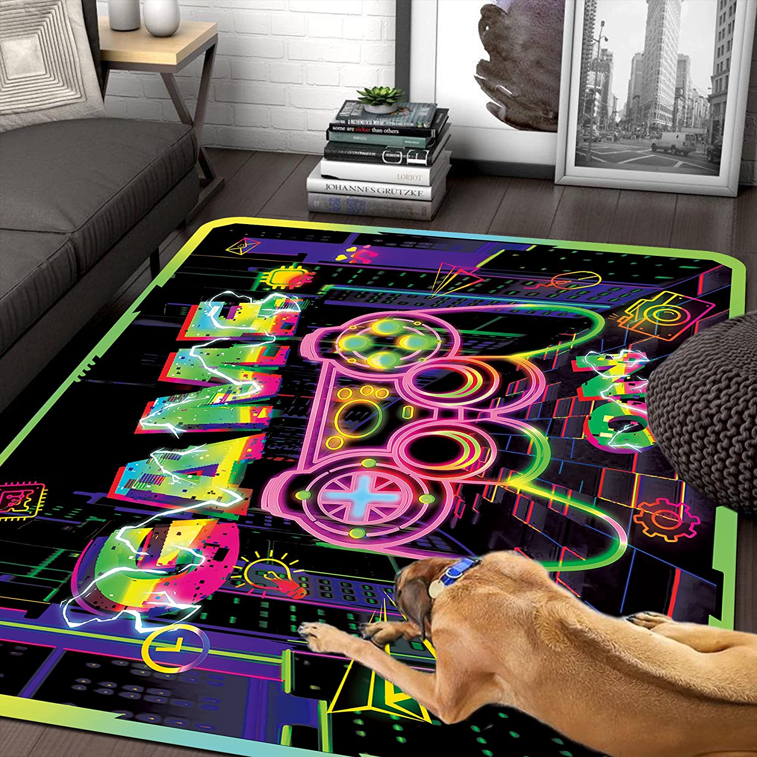 Indoor Modern Gaming Area Rug with Game Controller Print for Boys Room Decor