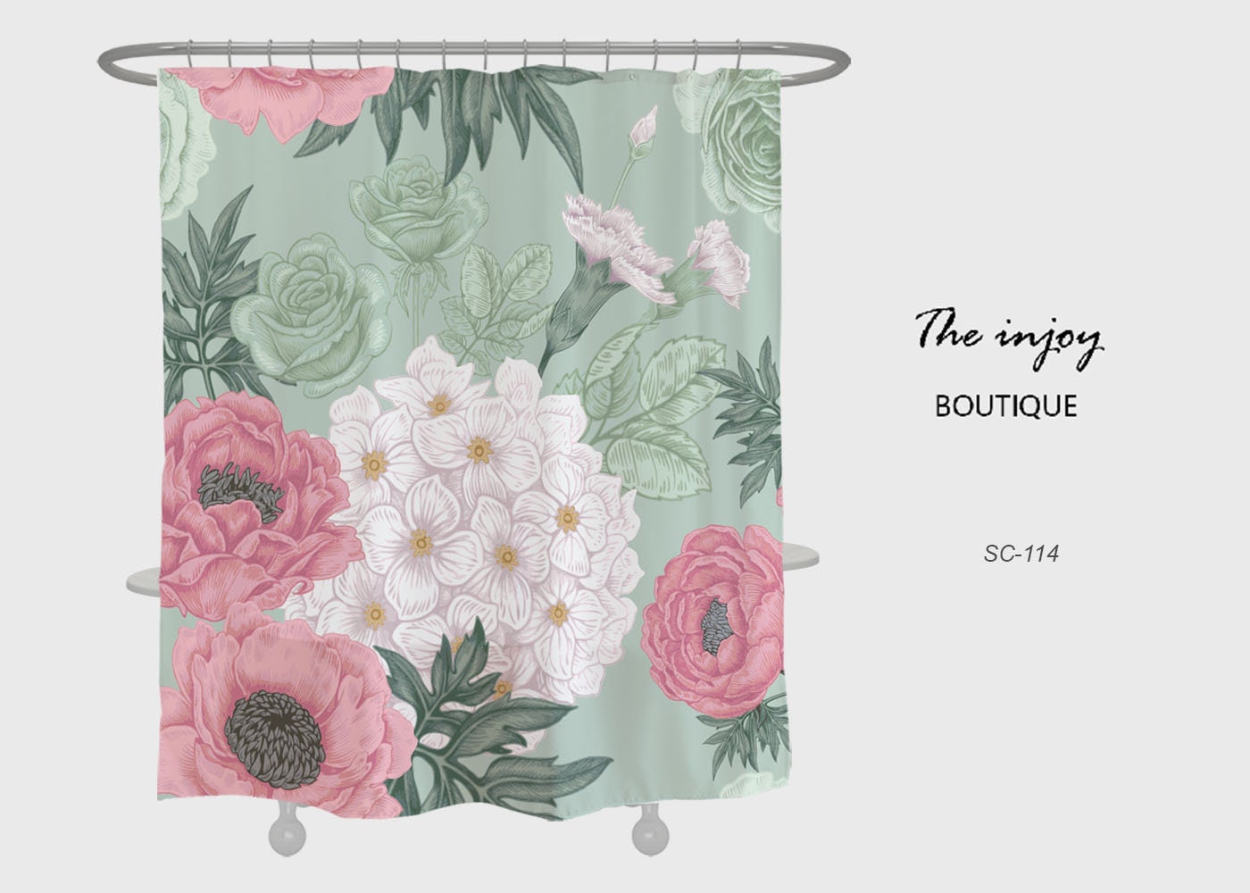 Ink Flowers Shower Curtain, Chinese Style Waterproof & Washable Shower Curtains with Hooks