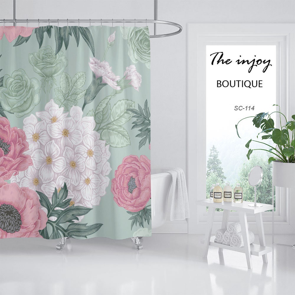 Ink Flowers Shower Curtain, Chinese Style Waterproof & Washable Shower Curtains with Hooks - Image 2