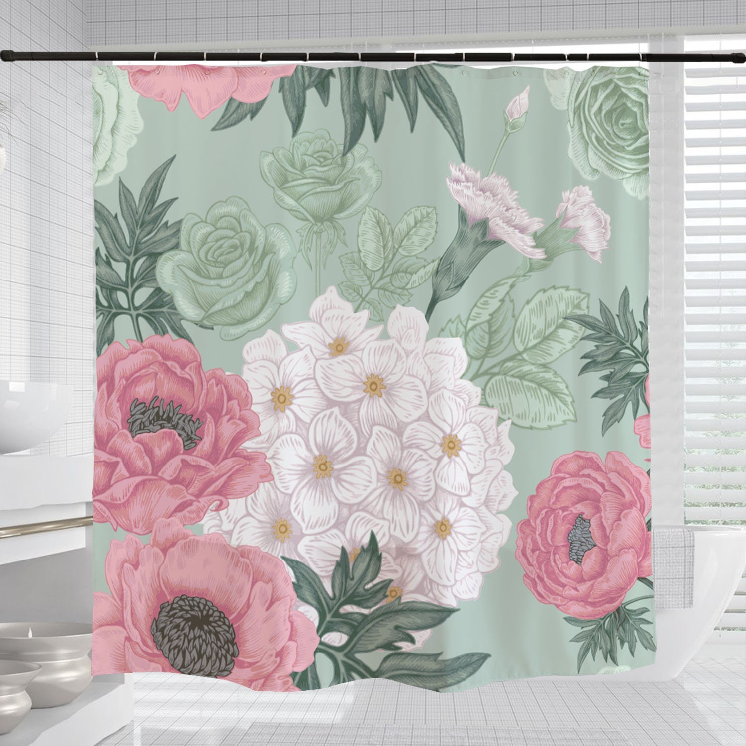 Ink Flowers Shower Curtain, Chinese Style Waterproof & Washable Shower Curtains with Hooks - Image 3
