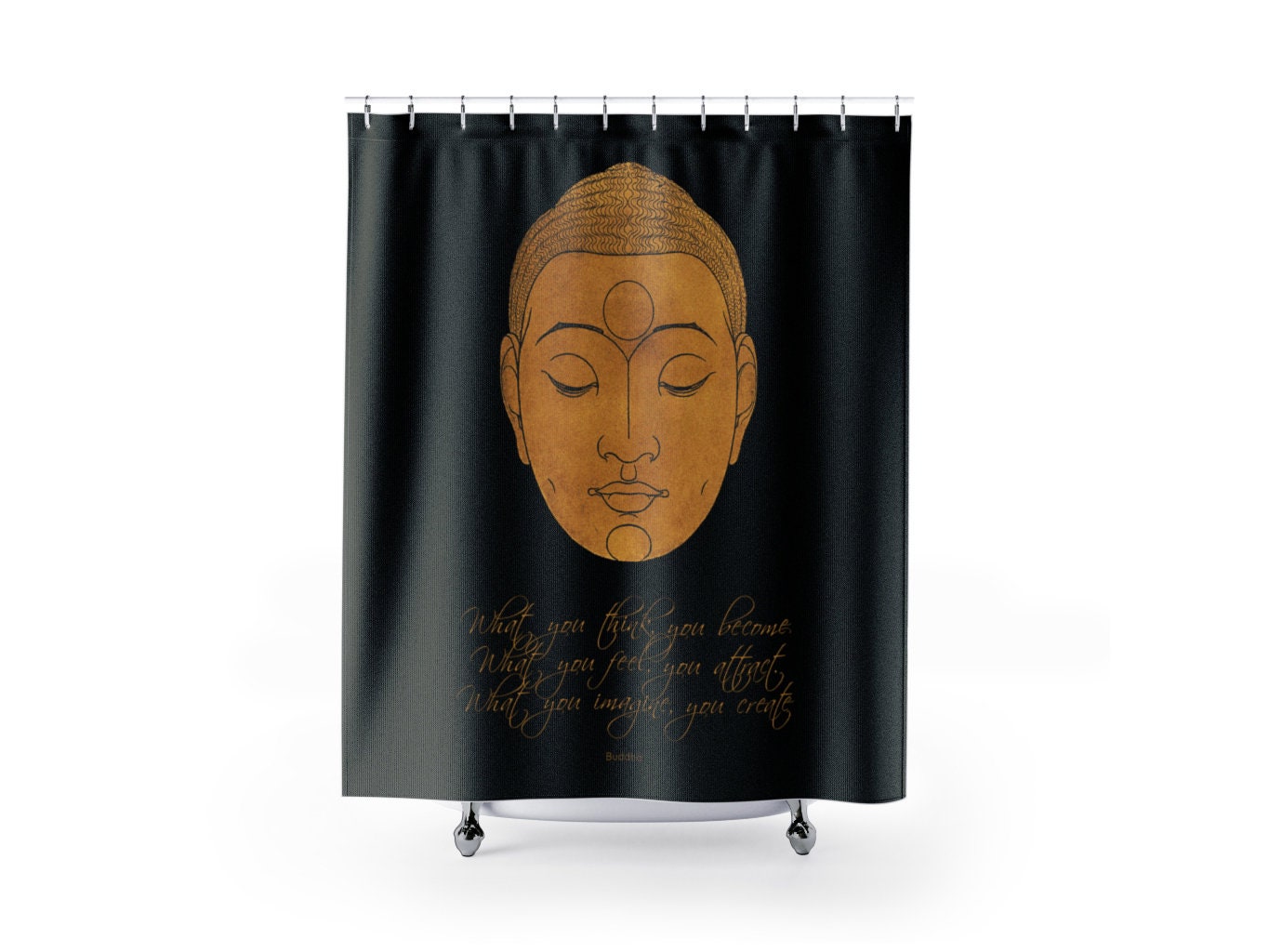 Inspirational Black Shower Curtain with Buddha Quote / Boho Bath Accessories Decor / Zen Bathroom Decor