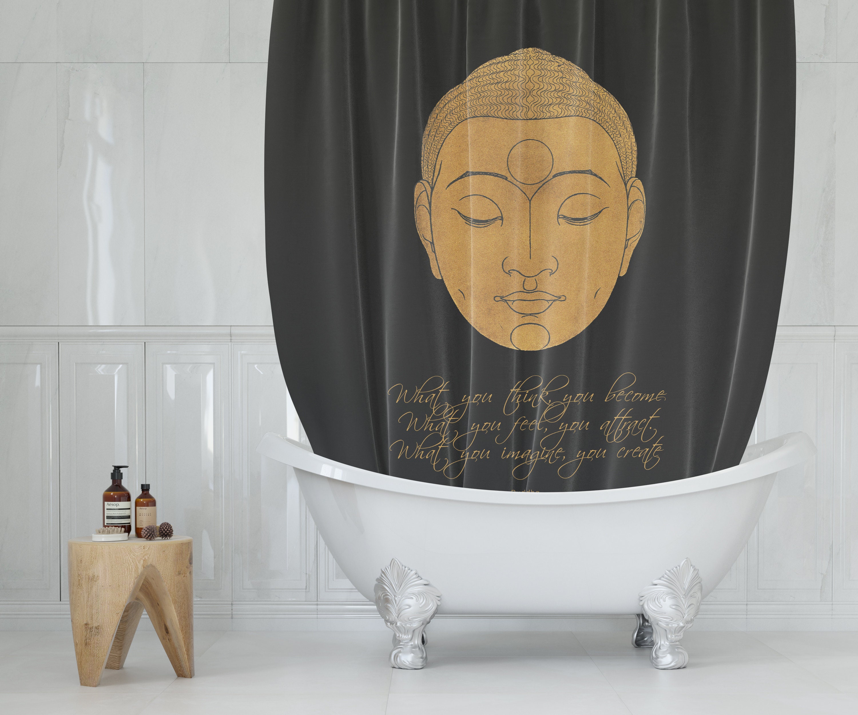 Inspirational Black Shower Curtain with Buddha Quote / Boho Bath Accessories Decor / Zen Bathroom Decor - Image 2