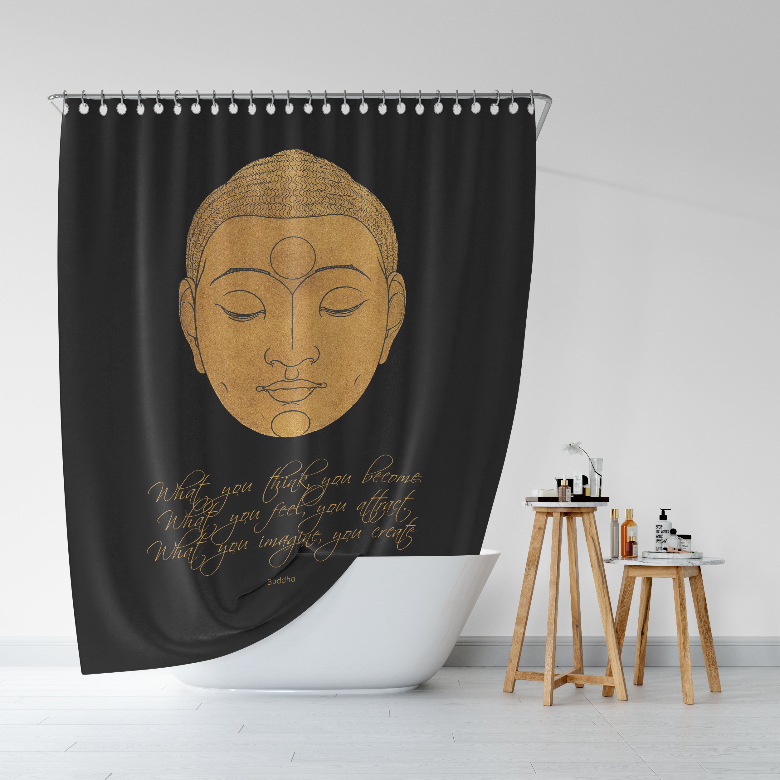 Inspirational Black Shower Curtain with Buddha Quote / Boho Bath Accessories Decor / Zen Bathroom Decor - Image 3