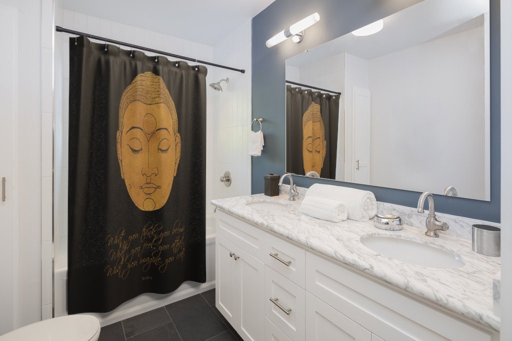 Inspirational Black Shower Curtain with Buddha Quote / Boho Bath Accessories Decor / Zen Bathroom Decor - Image 4