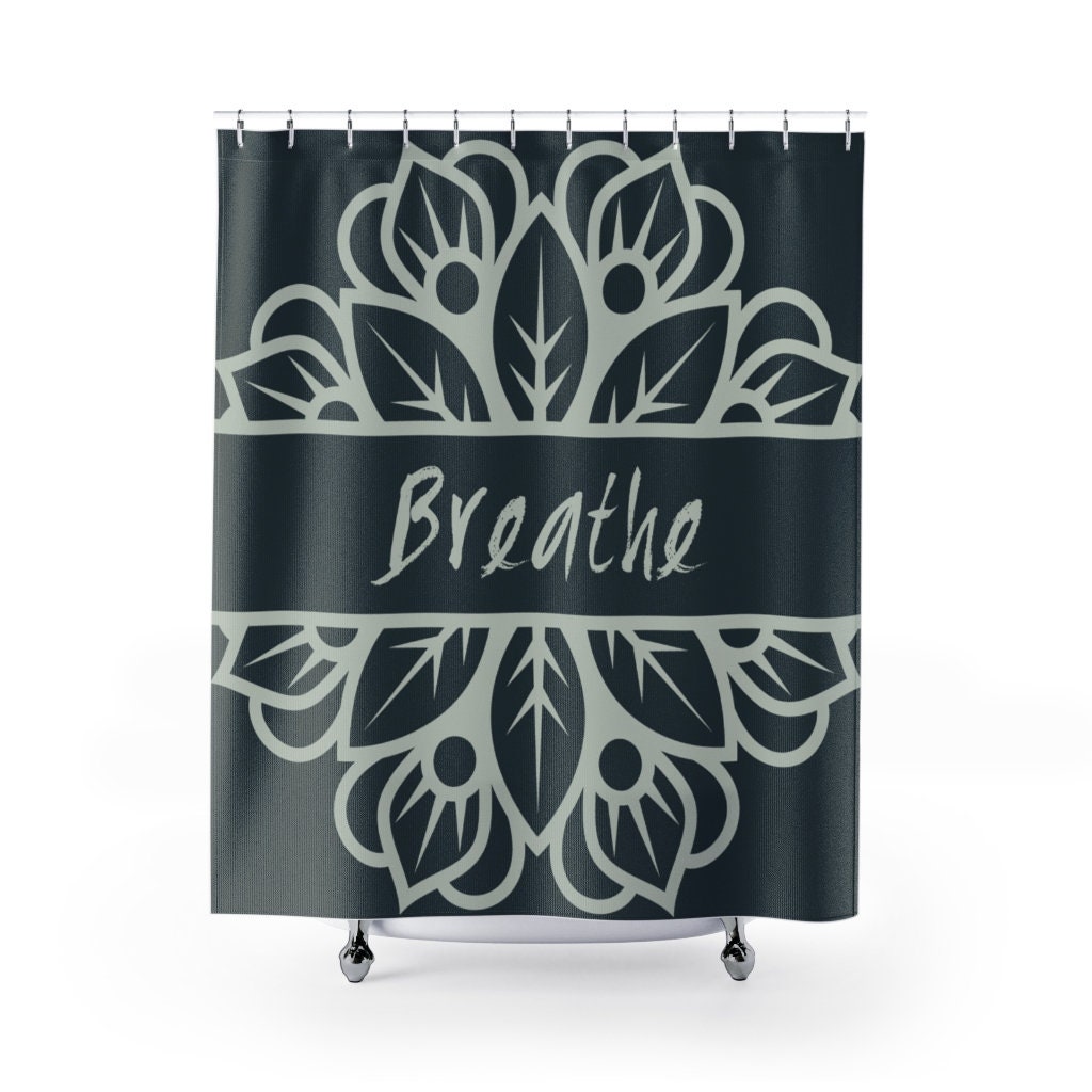 Inspirational Boho Shower Curtain, Mandala Breathe Bath Print, Mindfulness Decor, Eclectic Home Decor Gift