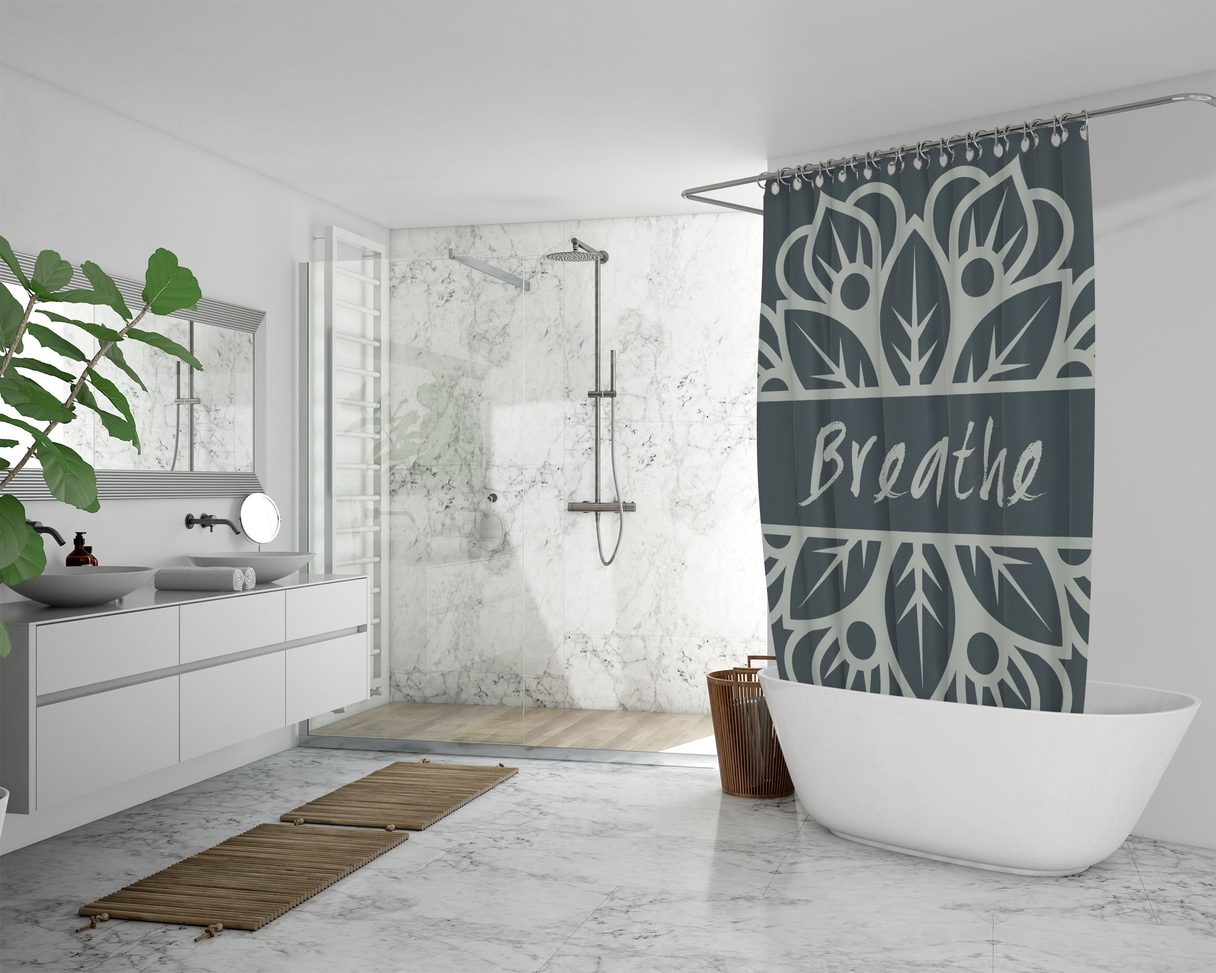 Inspirational Boho Shower Curtain, Mandala Breathe Bath Print, Mindfulness Decor, Eclectic Home Decor Gift - Image 2