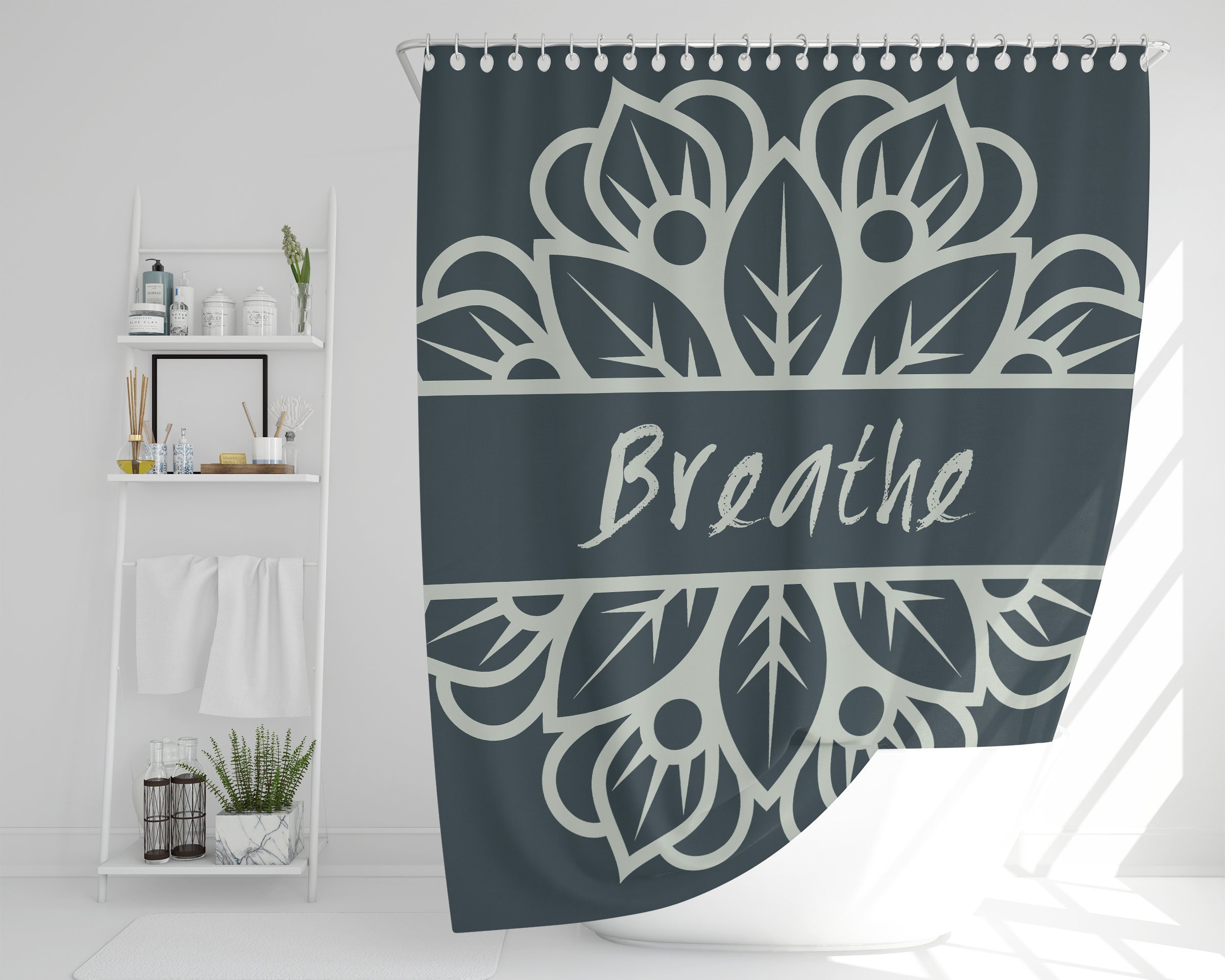 Inspirational Boho Shower Curtain, Mandala Breathe Bath Print, Mindfulness Decor, Eclectic Home Decor Gift - Image 3