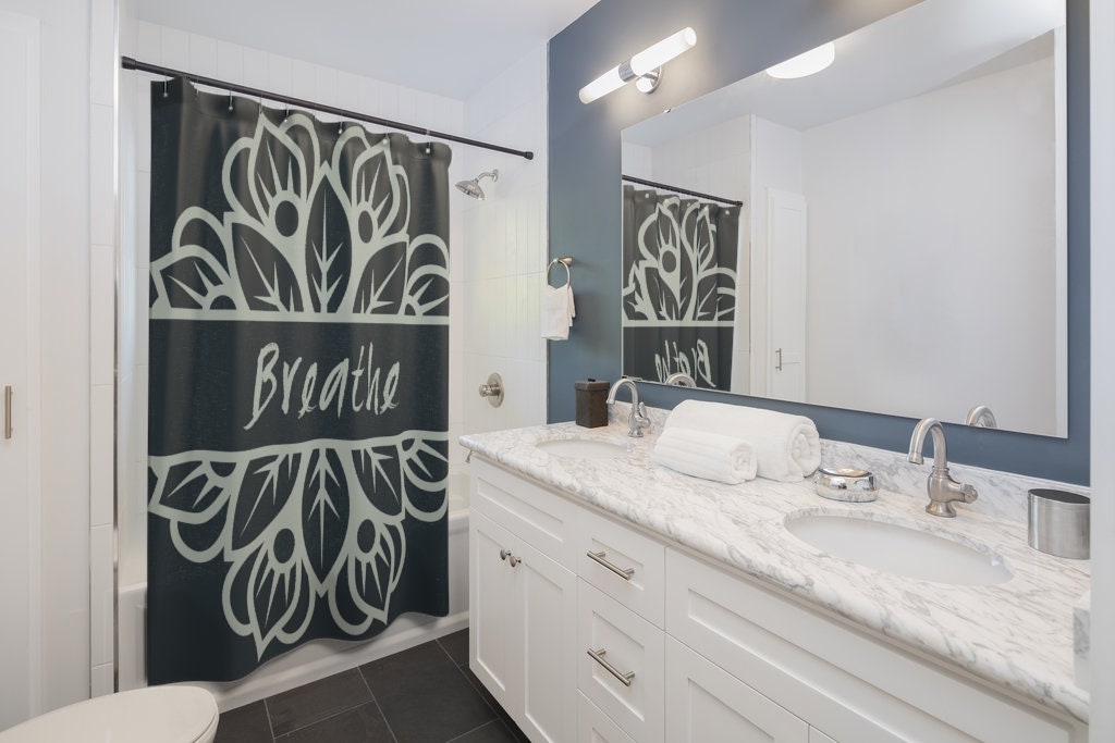 Inspirational Boho Shower Curtain, Mandala Breathe Bath Print, Mindfulness Decor, Eclectic Home Decor Gift - Image 4