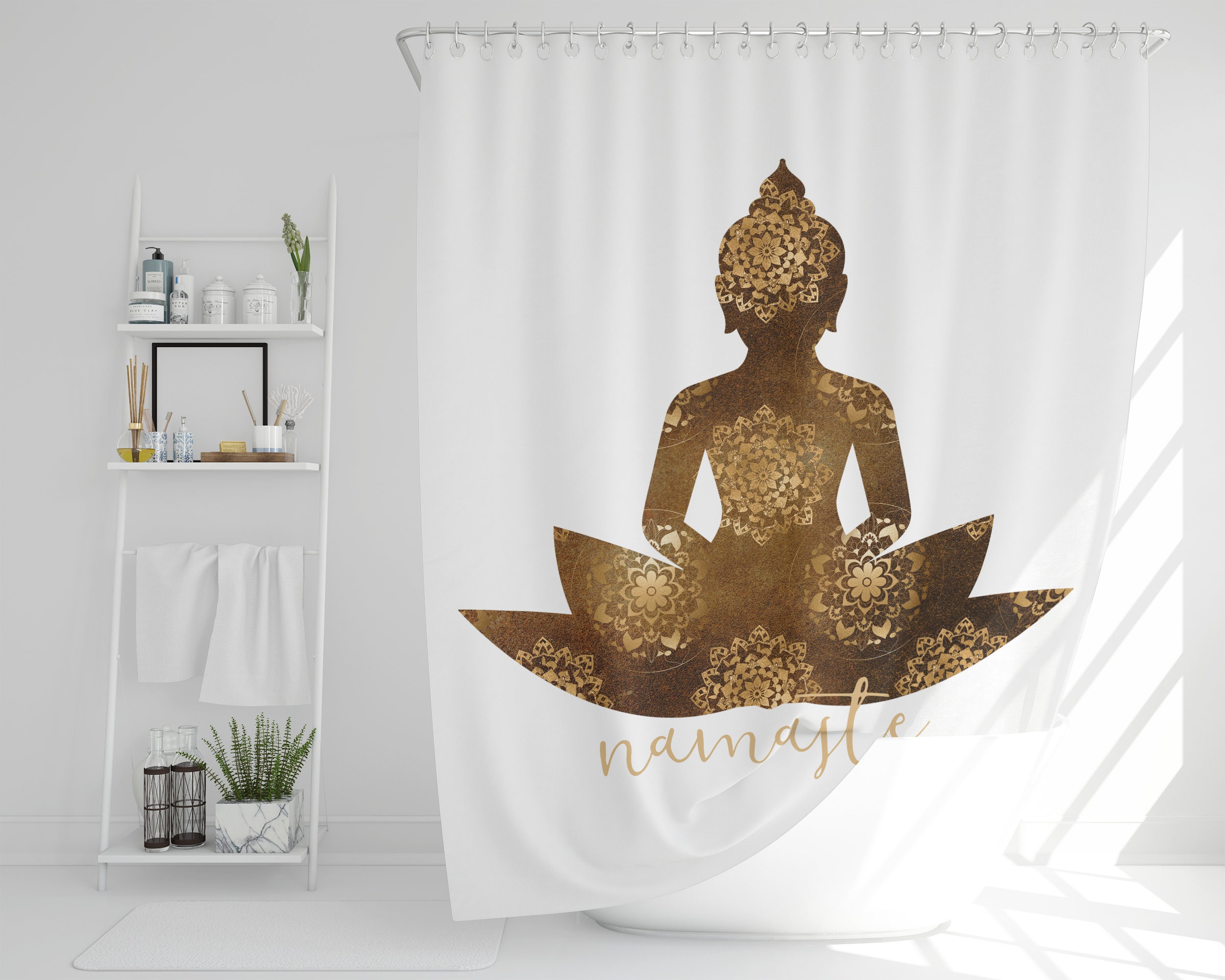 Inspirational Buddha Shower Curtain, Namaste Zen Bath Curtain, Meditating Buddha Printed Fabric Shower Curtain